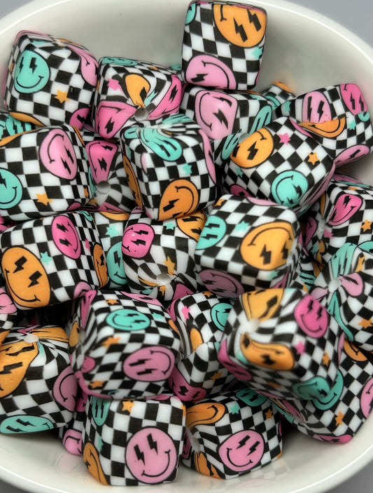 15mm Checkered Happy Face Silicone Cube Bead (12ct)