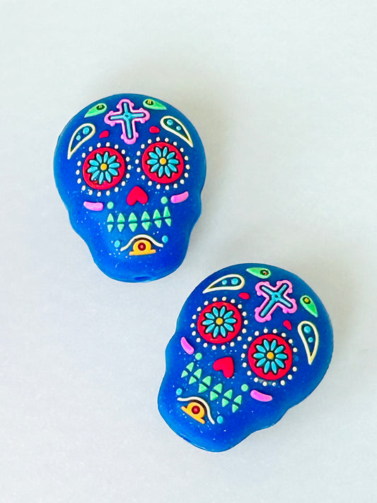 3D Blue Floral Sugar Skull Silicone Focal (2ct)